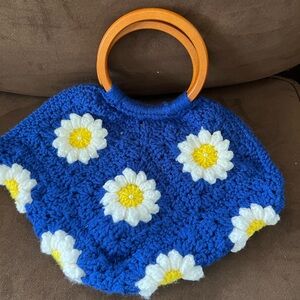 Blue Crochet Bag with Floral Design